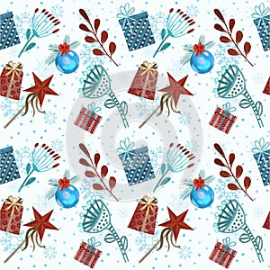 Christmas digital paper, New Year's, seamless pattern with cartoon flat flowers, gifts and balls on a light blue background